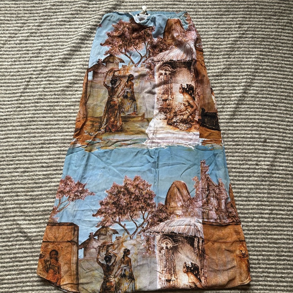 Citron Artistic Print Maxi Skirt in Blue and Brown